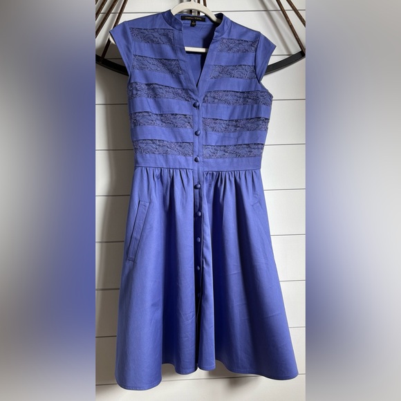 Cynthia Steffe Blue Fit & Flare Button-Down Knee Length Dress w Lace Insets - Picture 12 of 13